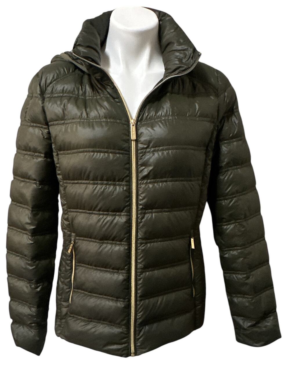 MICHAEL Michael Kors Packable Down Puffer Jacket Women's M Olive Hooded Gold Zip